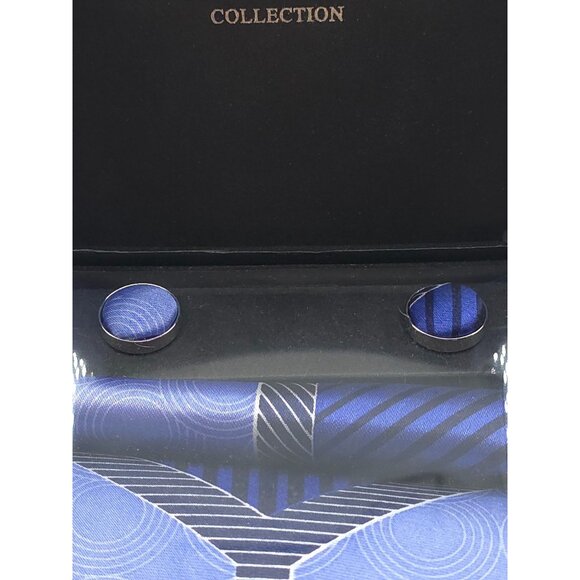 George Martin Collection Men's Blue Patterned Tie Set W/ Cufflinks & Pocket - Picture 7 of 7